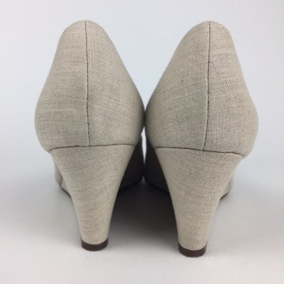 Kate Spade Womens Linen Peep Toe Wedge Heels Beige Cream Shoes Gold Bow size 10 - Picture 4 of 15